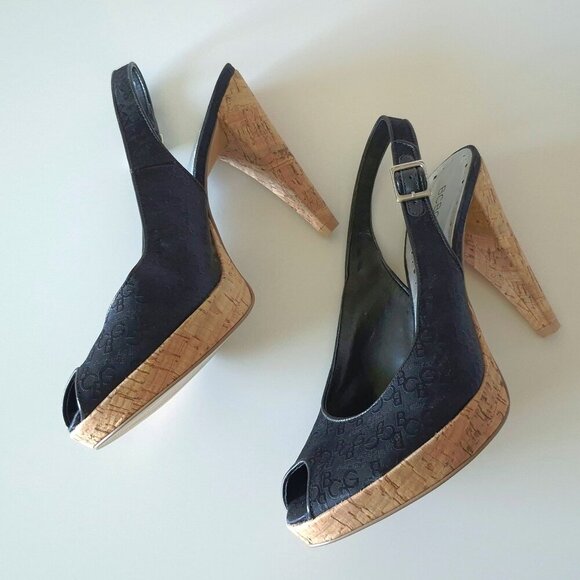 NWOT BCBGirls black logo textile & cork heeled platform sandal, US 10 - Picture 7 of 13